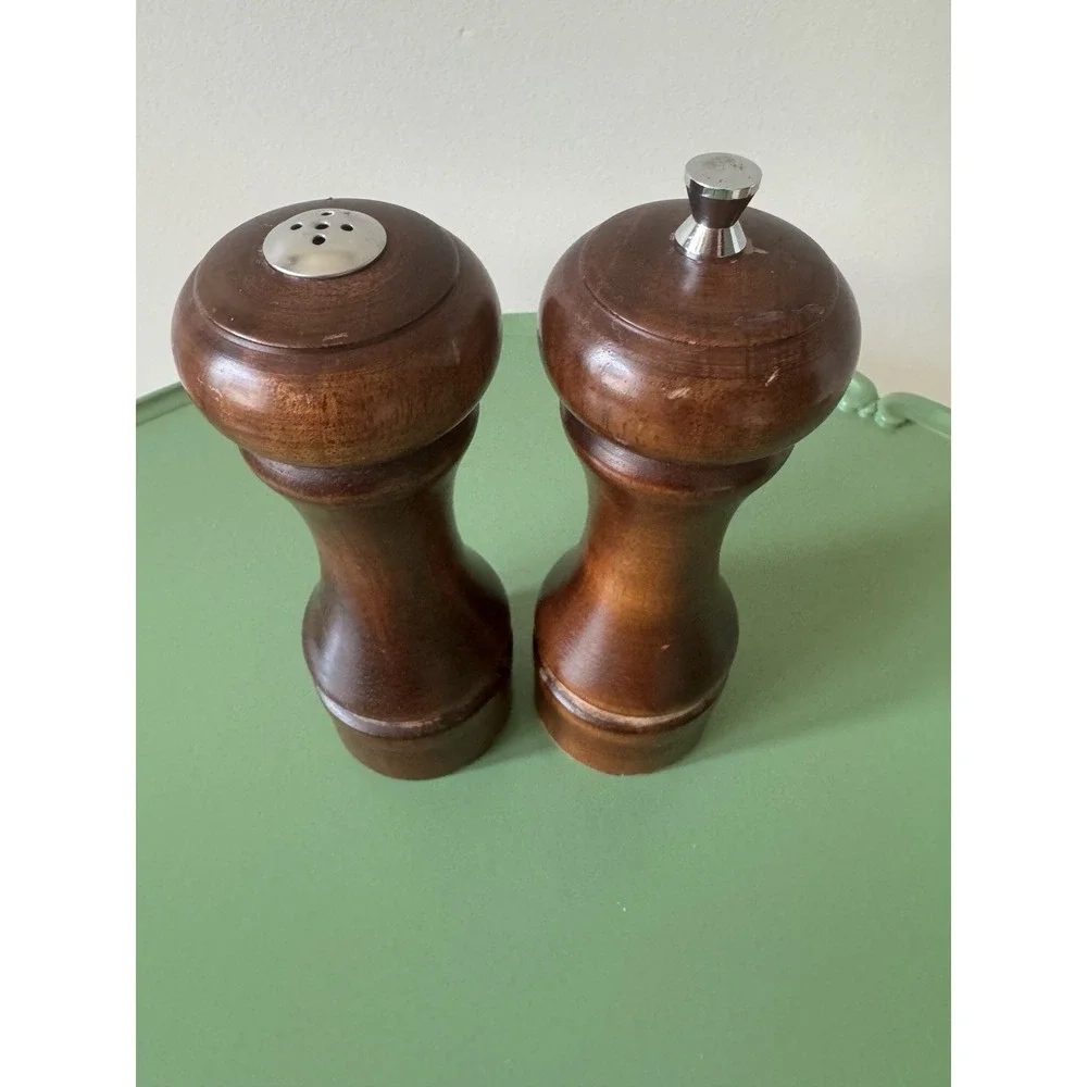 Vintage Mr. Dudley Solid Wood Pepper Grinder Mill & Salt Shaker Set Brown